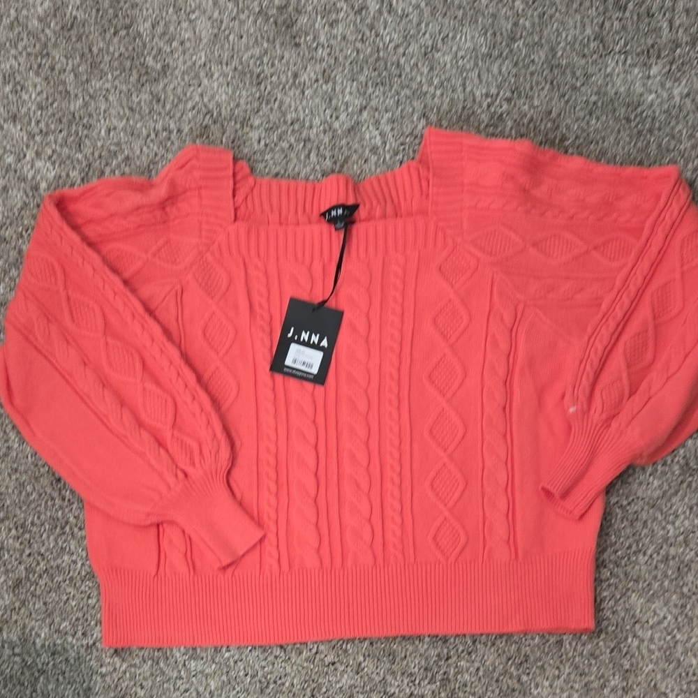 J. MNA Coral Cable Knit Off-the-Shoulder Sweater